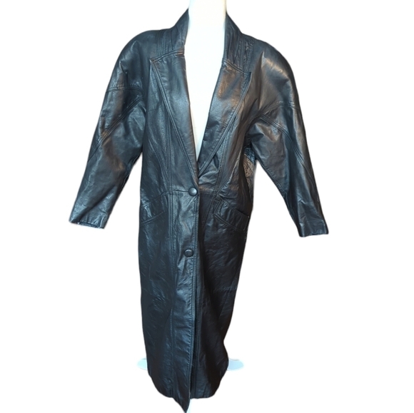 Vtg 80s Michelle Stuart black leather sleek witchy matrix maxi trenchcoat. Sz S - Picture 11 of 12